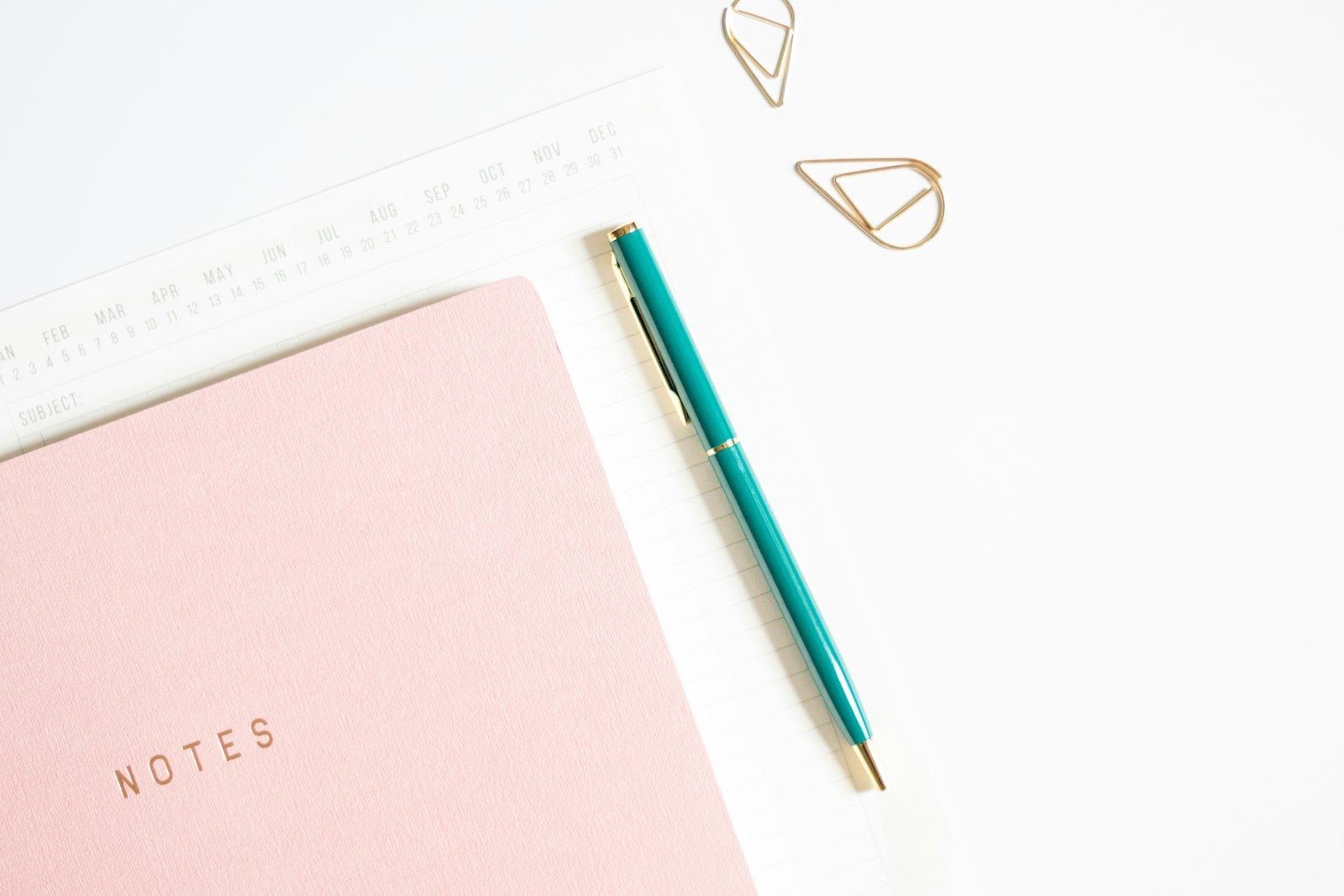 A pink notebook, a pen and paper clips laid flat on a white desk